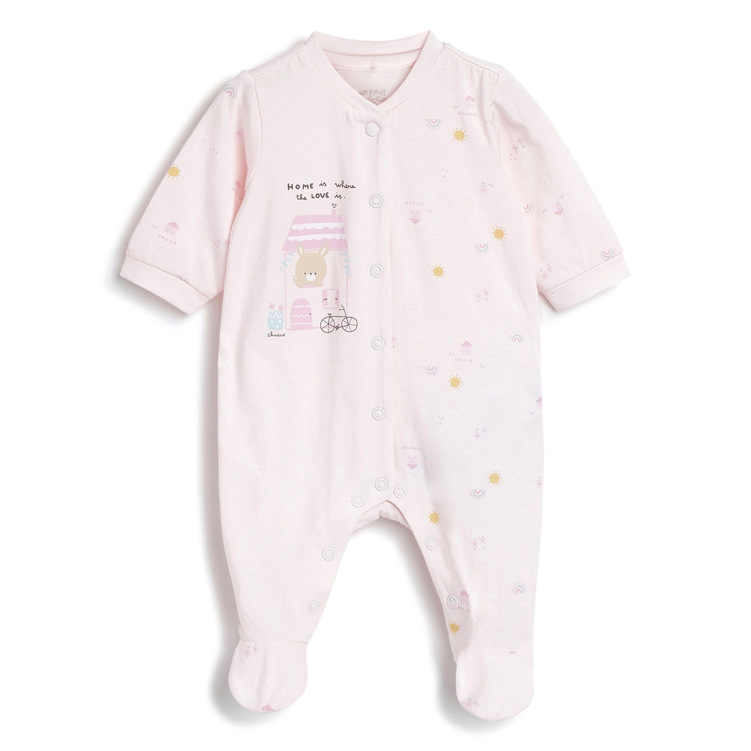 Girls Printed Front Opening Babysuit-Light Pink